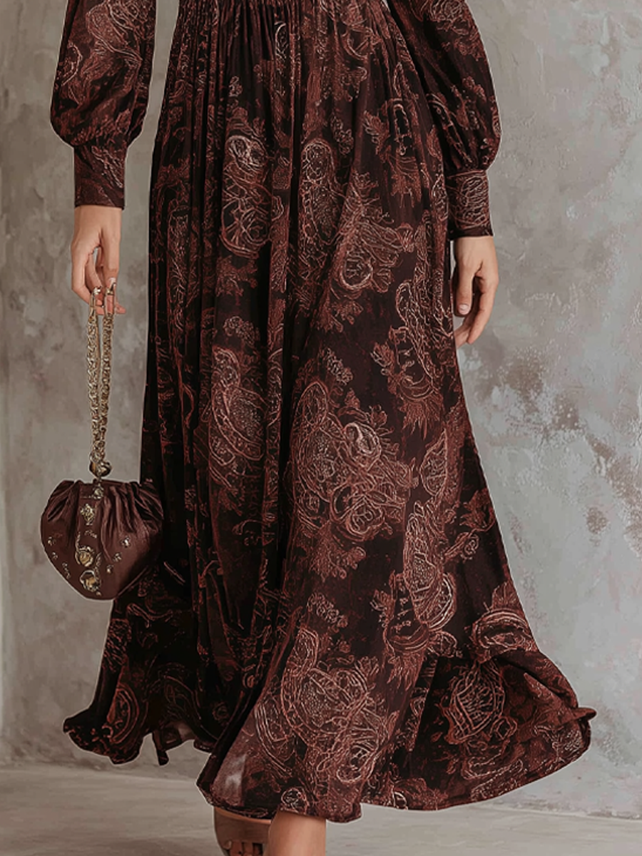 Éloïse | Robe longue à manches longues avec taille zippée et motif cachemire pour femme
