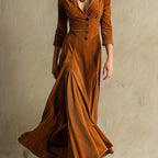 Hermance | Robe mi-longue à col chemise et décolleté en V, boutonnée devant, manches 7/8 pour femme