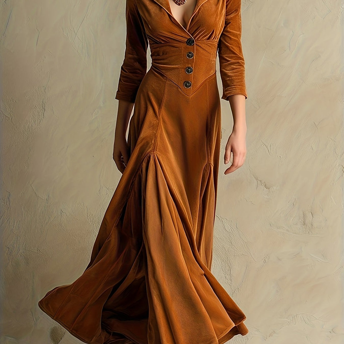 Hermance | Robe mi-longue à col chemise et décolleté en V, boutonnée devant, manches 7/8 pour femme
