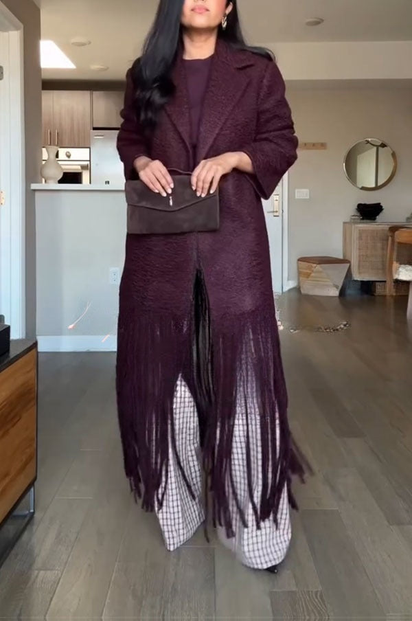Roxane | Manteau mi-long en laine mélangée à revers, poches et franges