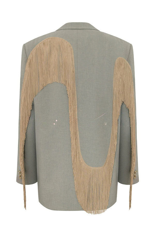 Margaux | Manteau blazer oversize à revers, manches longues et finitions à franges en forme de cœur