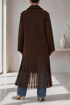 Roxane | Manteau mi-long en laine mélangée à revers, poches et franges