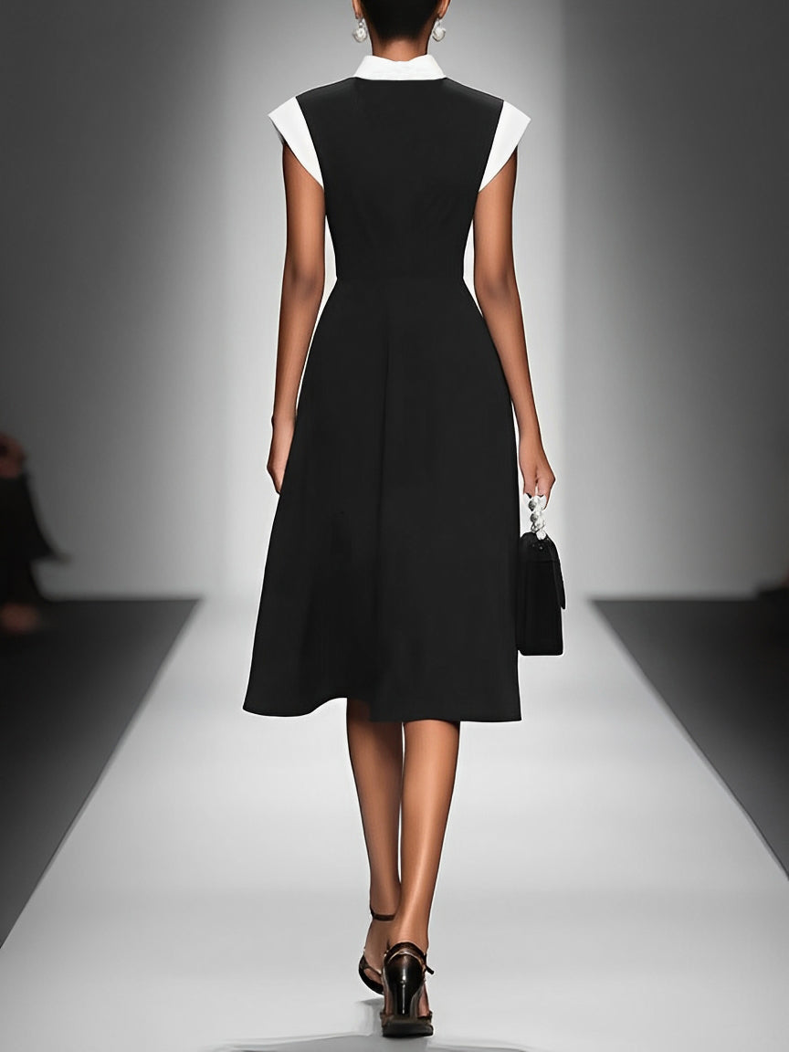 Louane | Robe midi bicolore pour femme, encolure carrée, manches style cape et taille cintrée
