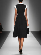 Louane | Robe midi bicolore pour femme, encolure carrée, manches style cape et taille cintrée