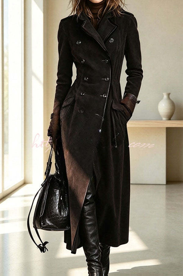 Ophélie | Long trench en suédine à revers, boutons et poches