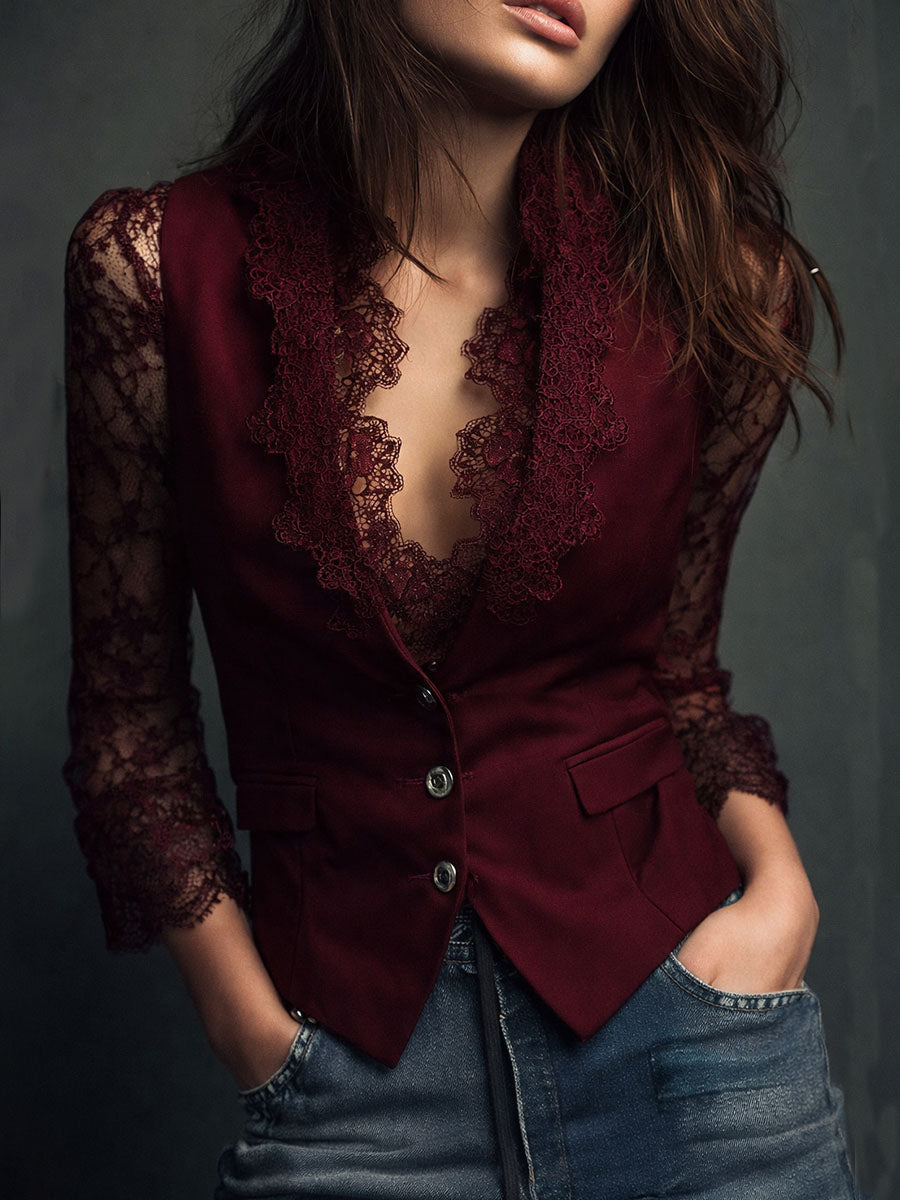 Célestine | Haut Blazer Noir à Manches Semi-Transparentes