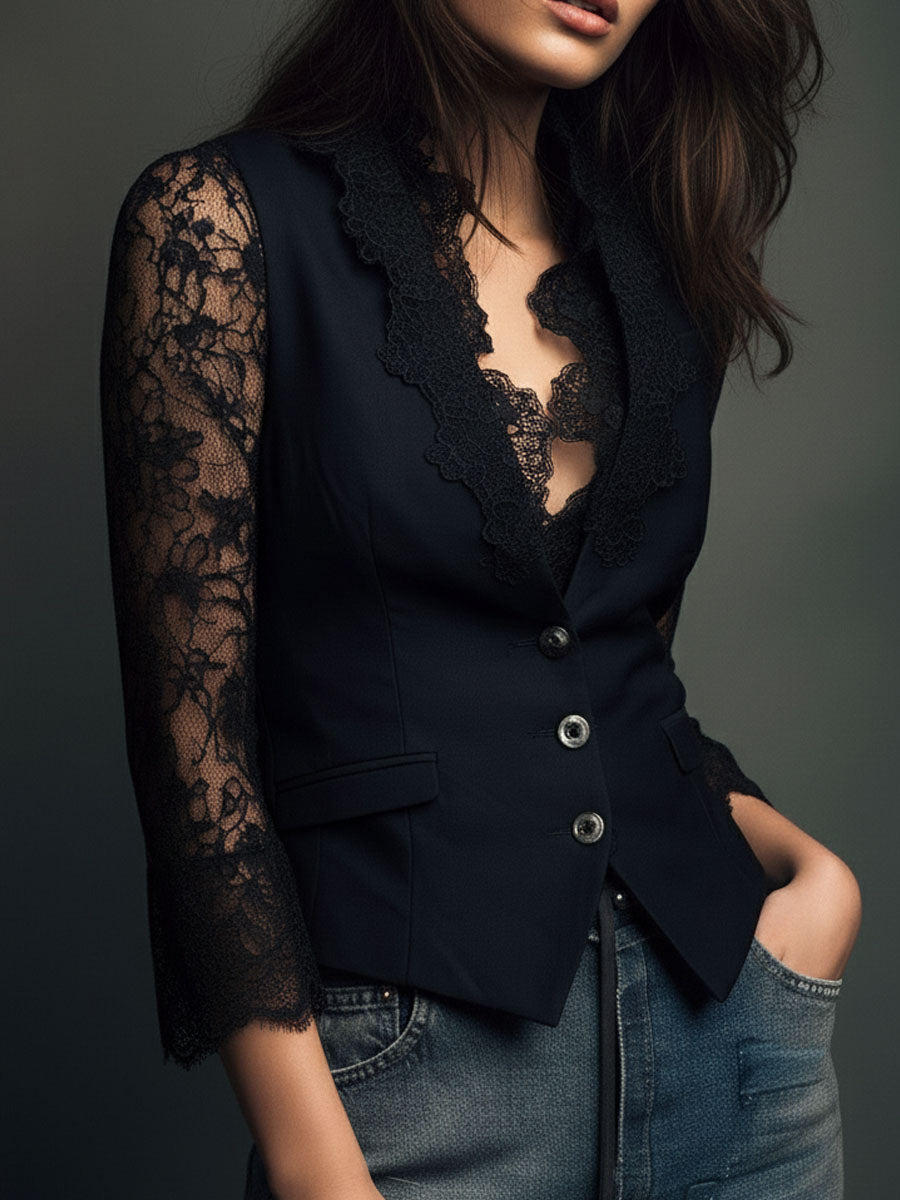 Célestine | Haut blazer noir à manches semi-transparentes