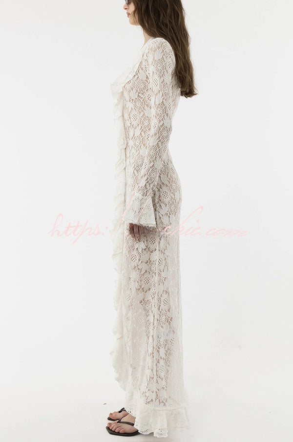 Héloïse | Robe longue à col revers en dentelle florale, volants et manches évasées