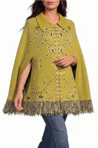 Apolline | Poncho en maille à imprimé bandana, manches ouvertes, franges et zip
