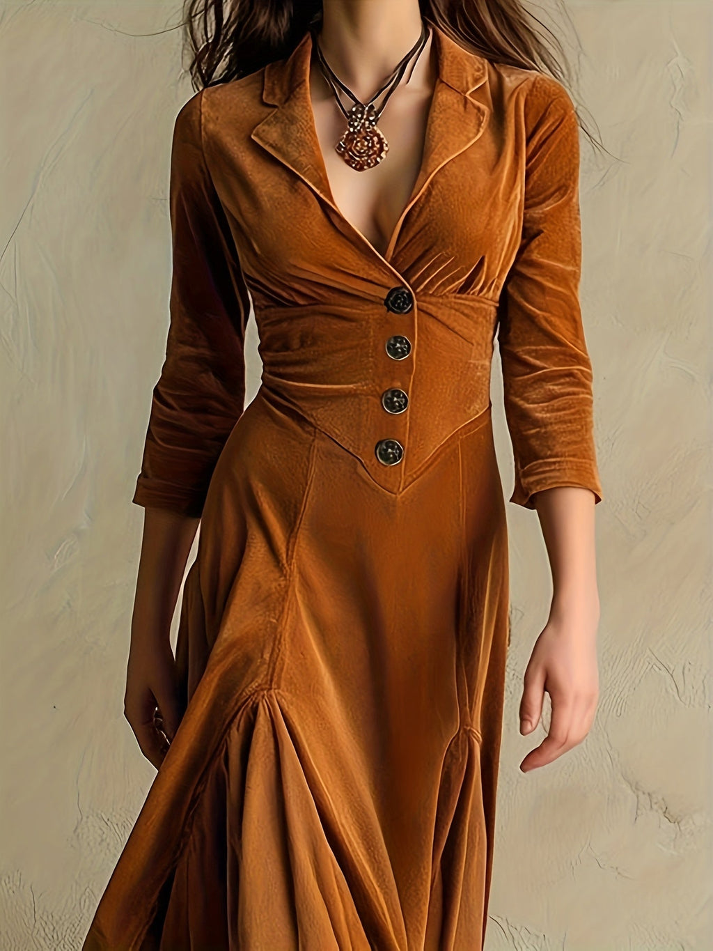 Hermance | Robe mi-longue à col chemise et décolleté en V, boutonnée devant, manches 7/8 pour femme