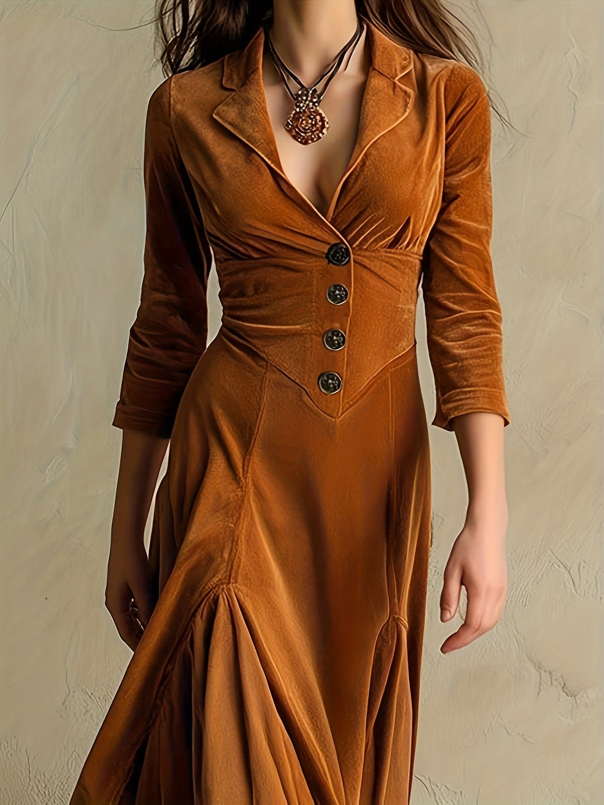 Hermance | Robe mi-longue à col chemise et décolleté en V, boutonnée devant, manches 7/8 pour femme