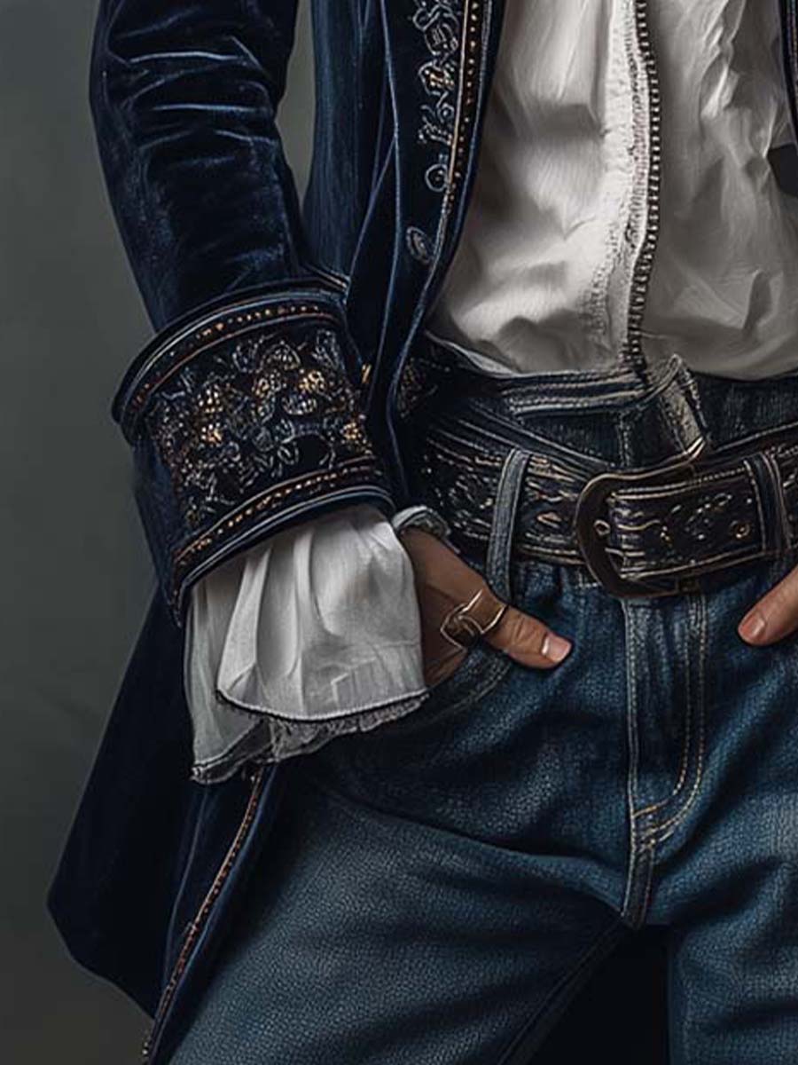 Éloïse | Veste longue brodée vintage bleu marine
