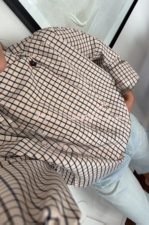 Capucine | Blouson bomber à carreaux décoratifs, manches ballon et poches