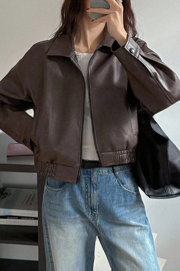 Garance | Courte veste en cuir à revers et poches