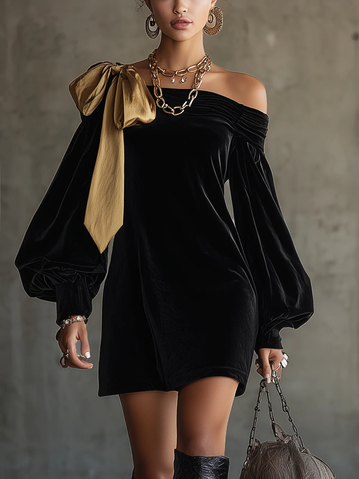 Joséphine | Mini-robe à épaules dénudées en velours noir et satin doré patchwork