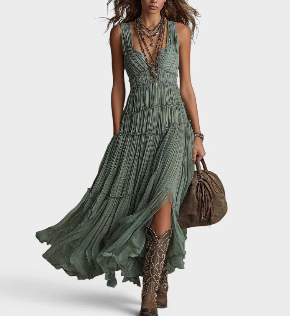 Monique | Robe longue verte bohème et fluide