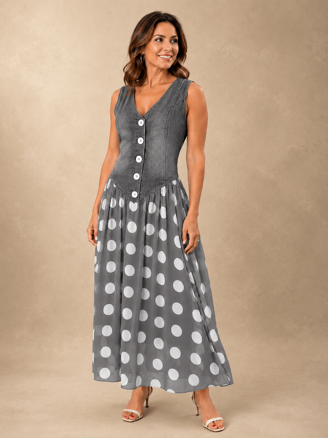 Cayetana | Vestido midi combinado de lunares con botones