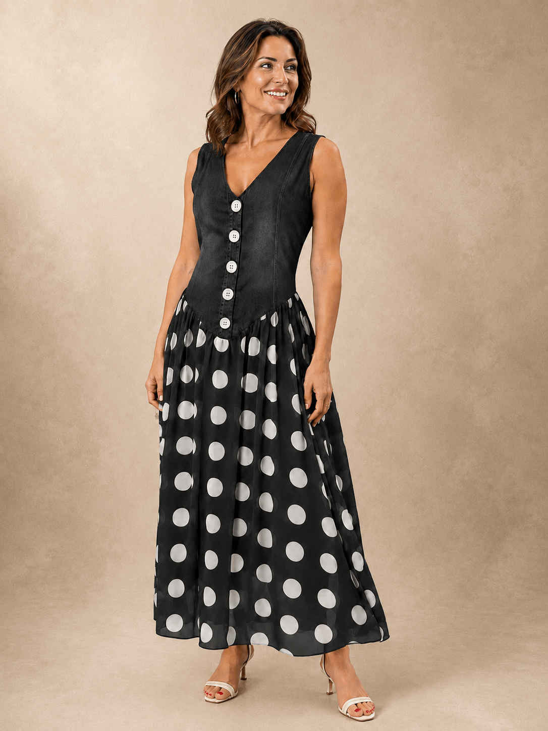 Cayetana | Vestido midi combinado de lunares con botones
