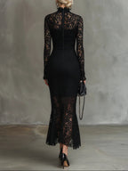 Eugénie | Robe longue noire élégante en dentelle extensible à bas queue de poisson