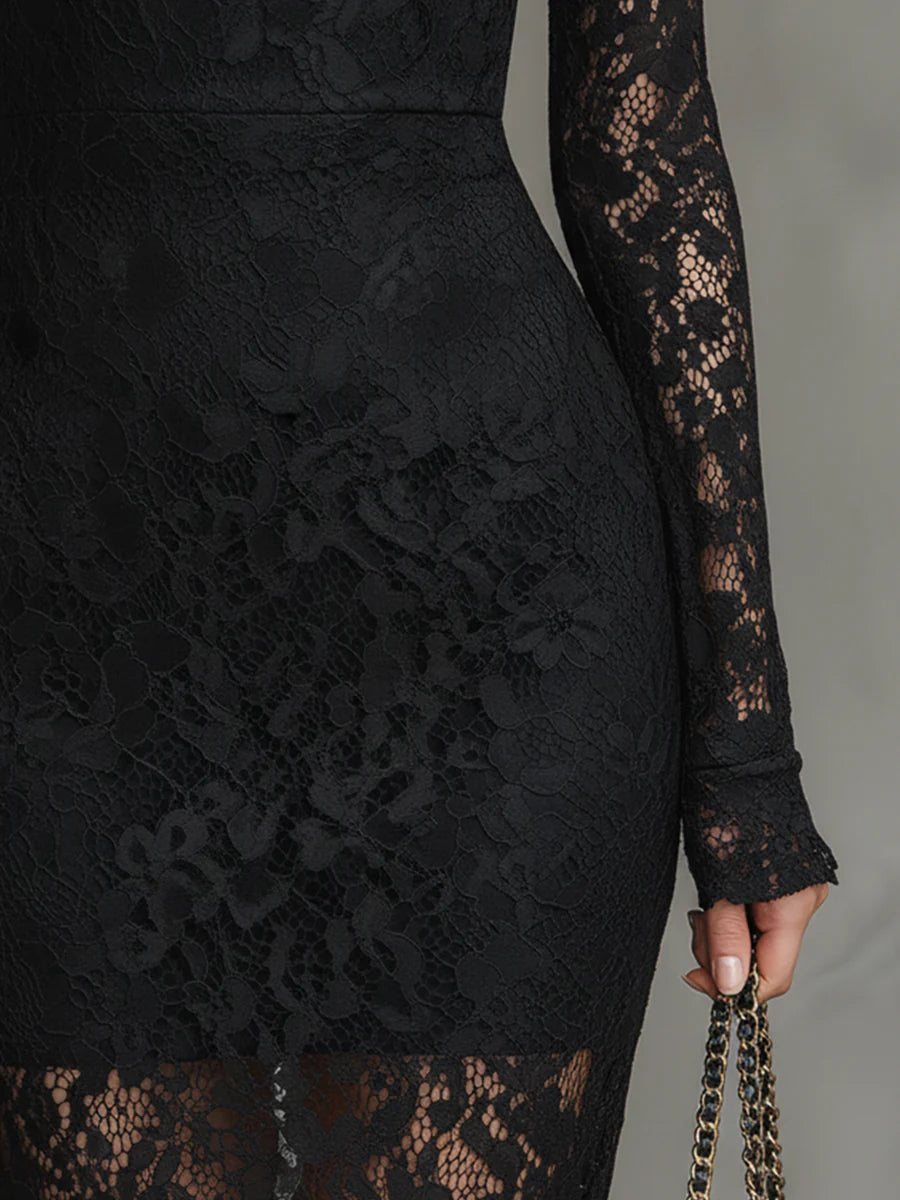 Eugénie | Robe longue noire élégante en dentelle extensible à bas queue de poisson