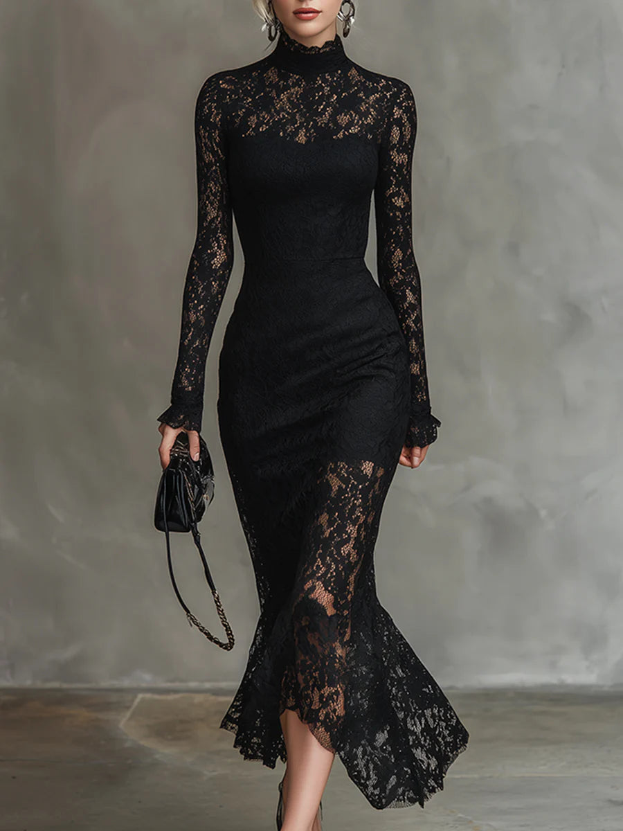 Eugénie | Élégante robe longue noire en dentelle extensible avec bas en queue de poisson