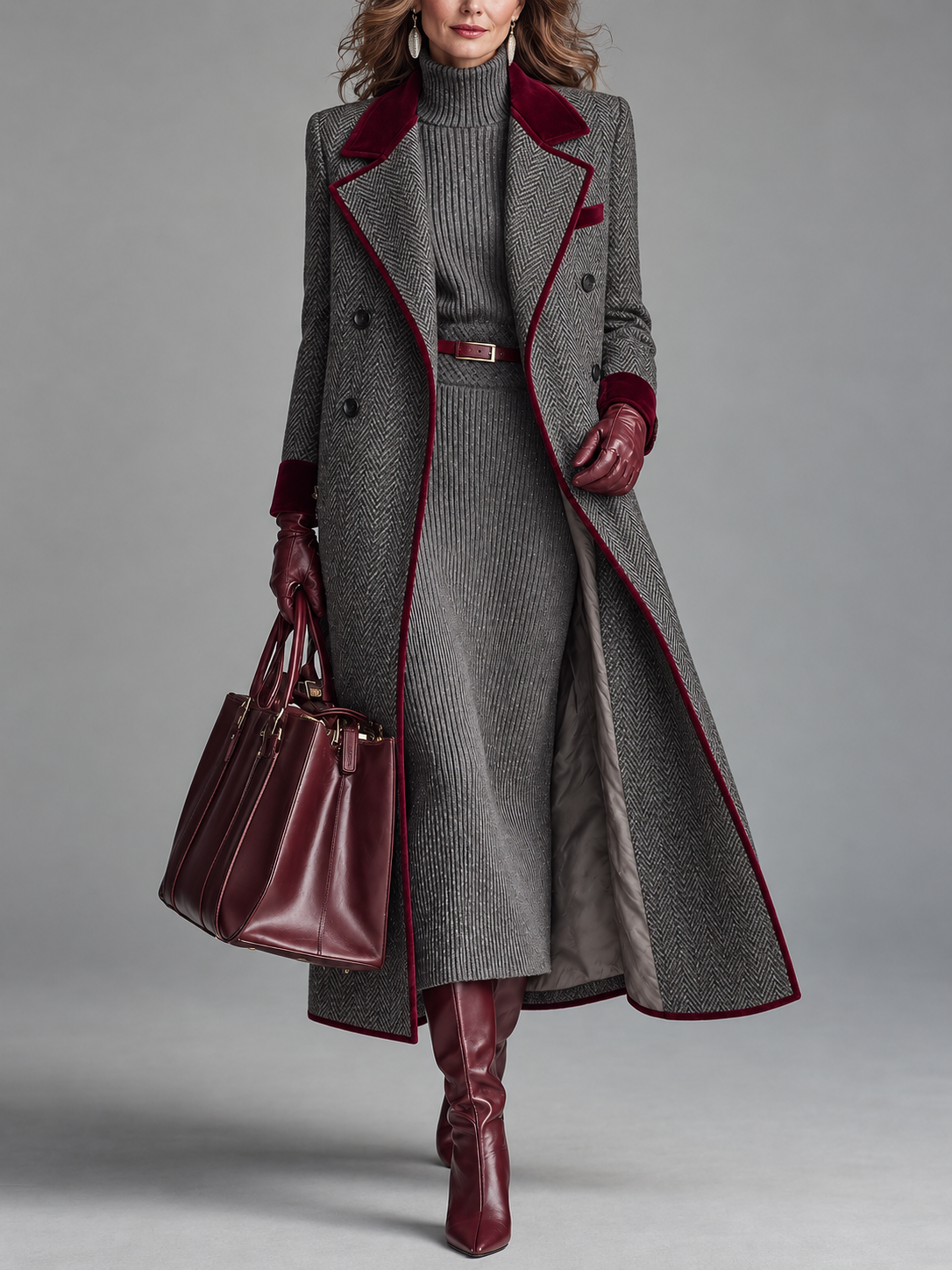 Adèle | Long manteau à chevrons avec bords en velours