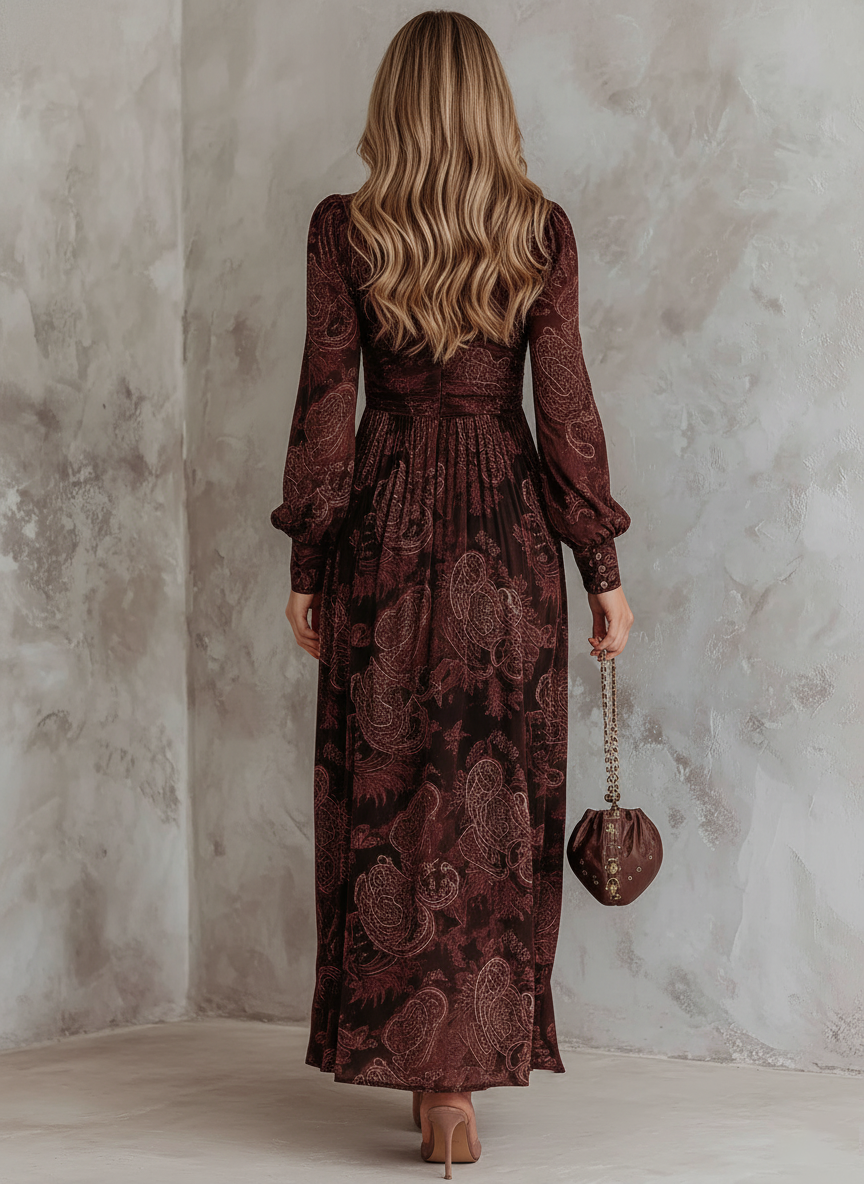 Éloïse | Robe longue à manches longues avec taille zippée et motif cachemire pour femme