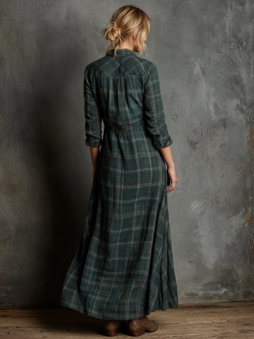Ombeline | Robe chemise longue à carreaux, boutonnée sur le devant, à manches longues pour femme