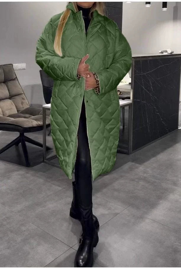 Olive™ | Manteau matelassé mi-long réversible avec doublure léopard