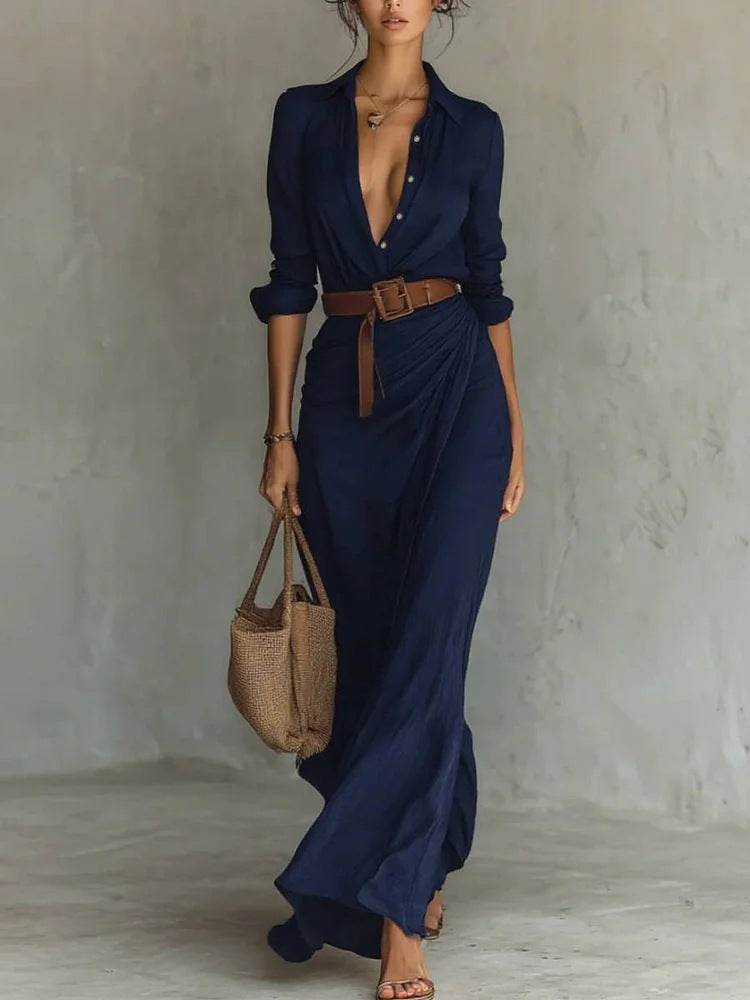 Aliénor | Robe longue portefeuille ceinturée à col V