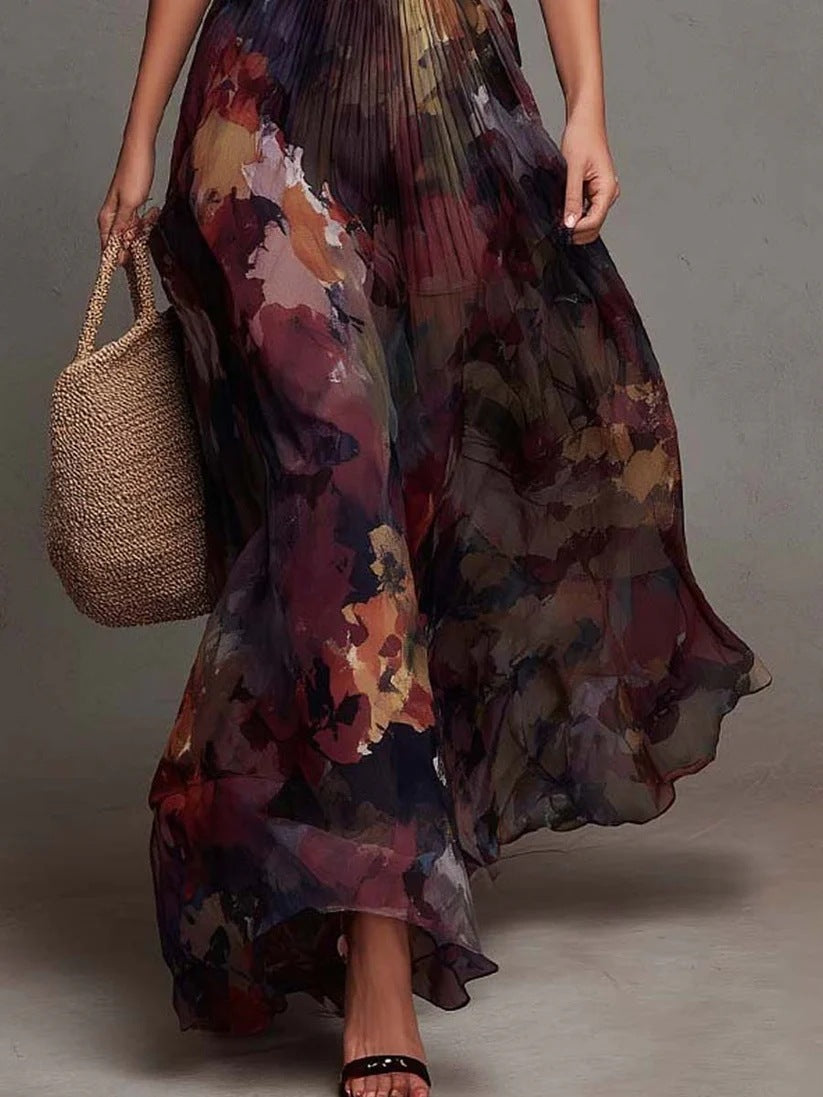 Eulalie | Robe longue plissée à fleurs aquarelle