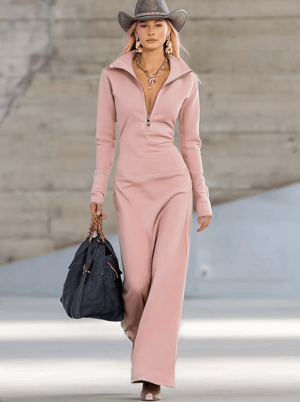 Solenne | Robe longue rétro sportive à col en V, fermeture zippée devant et manches longues