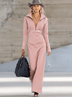 Solenne | Robe longue rétro sportive à col en V, fermeture zippée devant et manches longues
