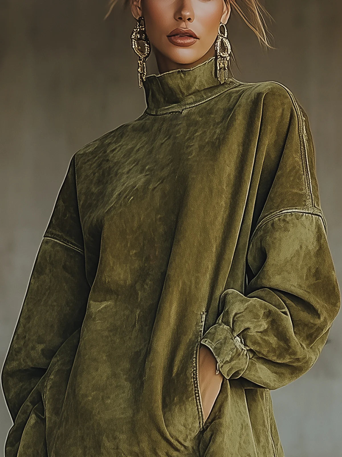 Faustine | Robe à col roulé en daim à franges