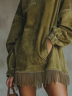Faustine | Robe à col roulé en daim à franges