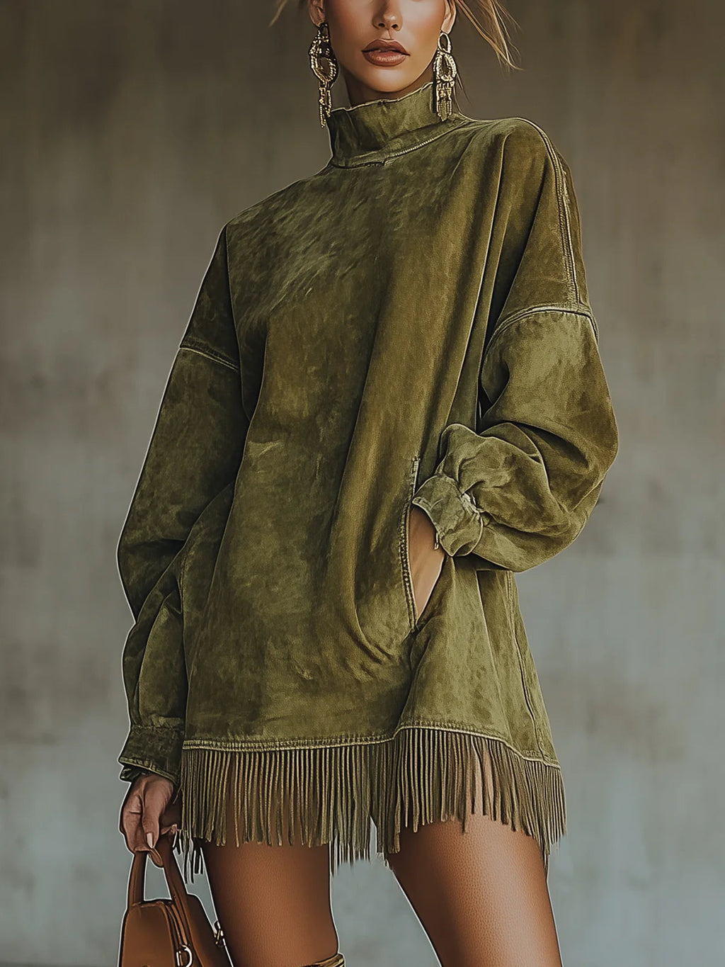 Faustine | Robe à col roulé en daim à franges