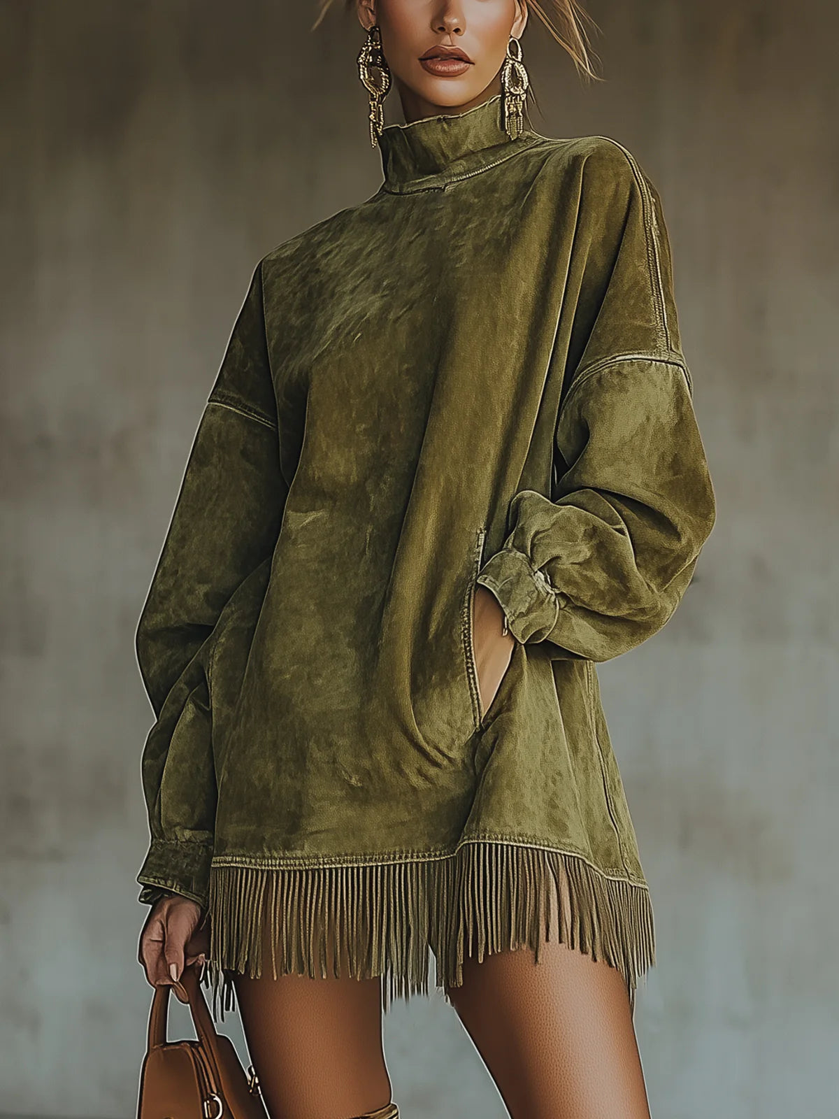 Faustine | Robe à col roulé en daim à franges