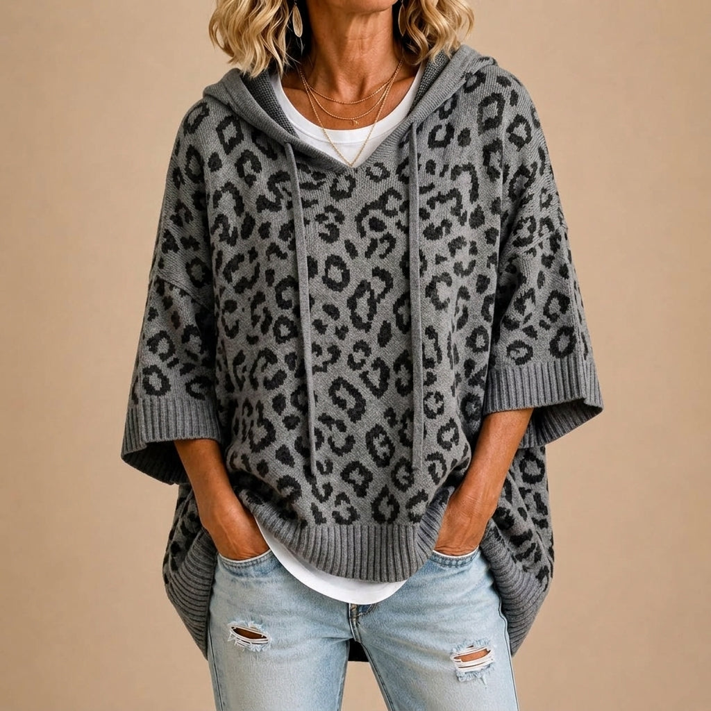Gabrielle | Poncho en maille imprimé animal à capuche