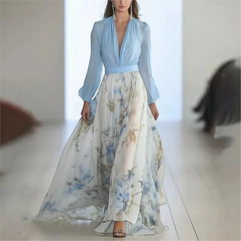 Anaïck | Robe longue fleurie à col en V et manches longues transparentes pour femme