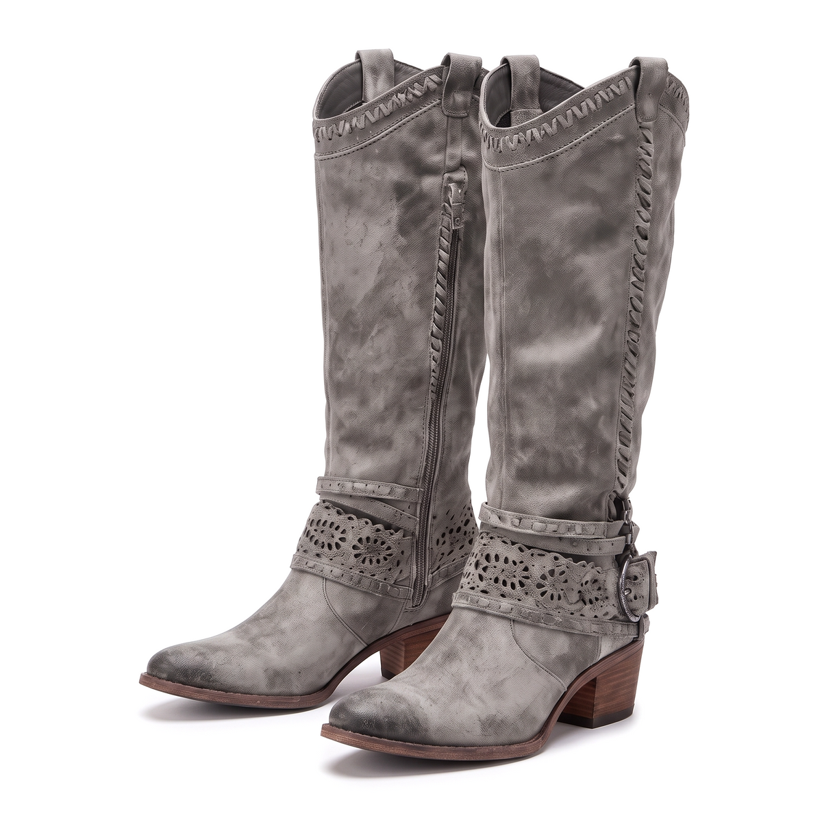 Solène | Bottes western slouchy à sangle harnais perforée et talon sculpté