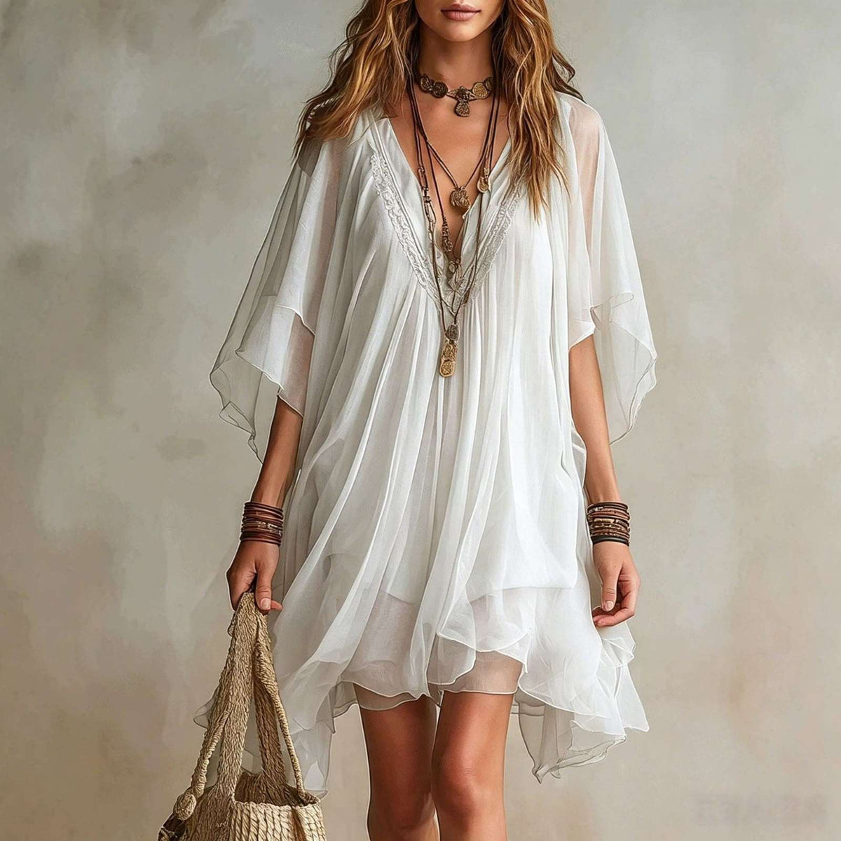 Silvia | Vestido vaporoso de encaje con mangas capa