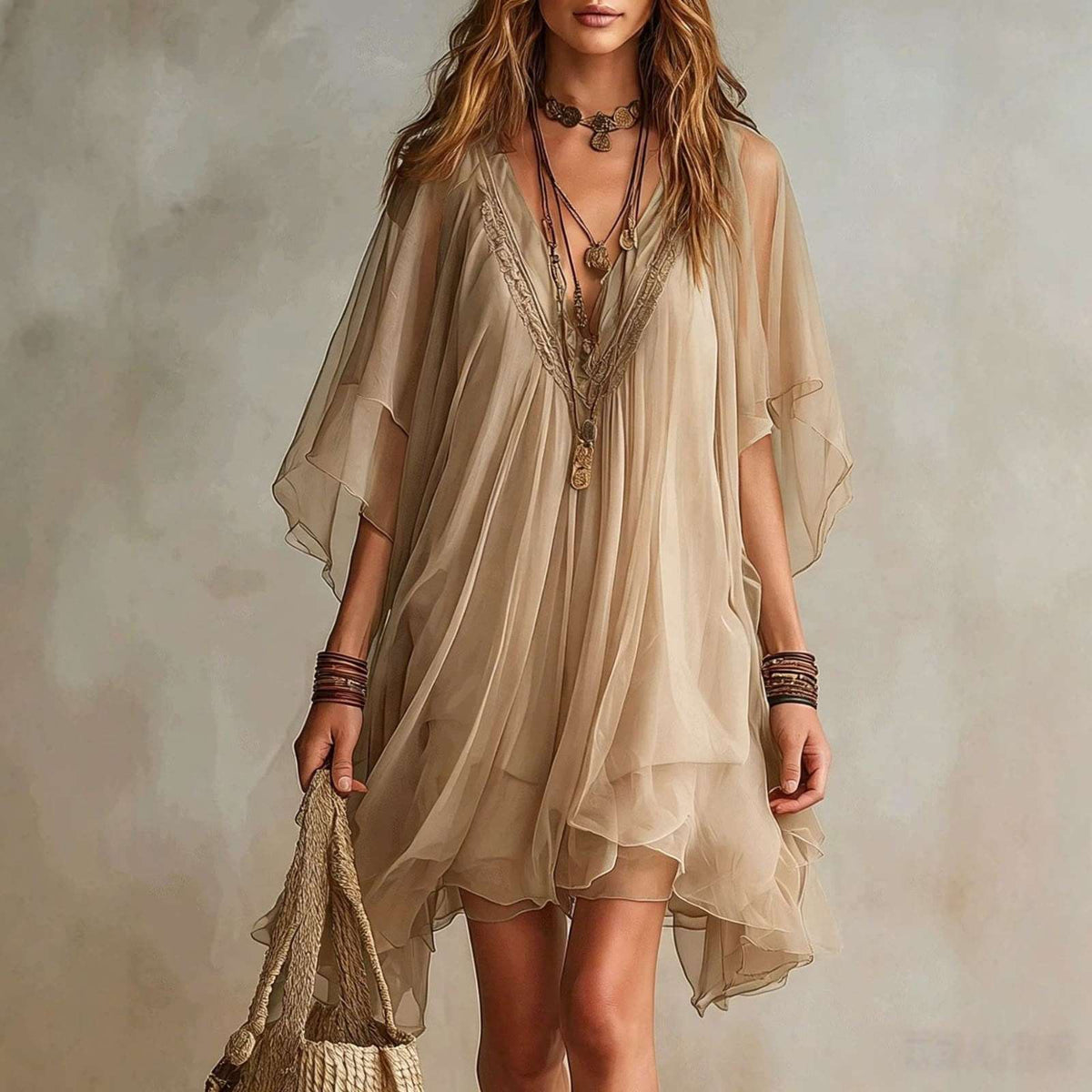 Silvia | Vestido vaporoso de encaje con mangas capa