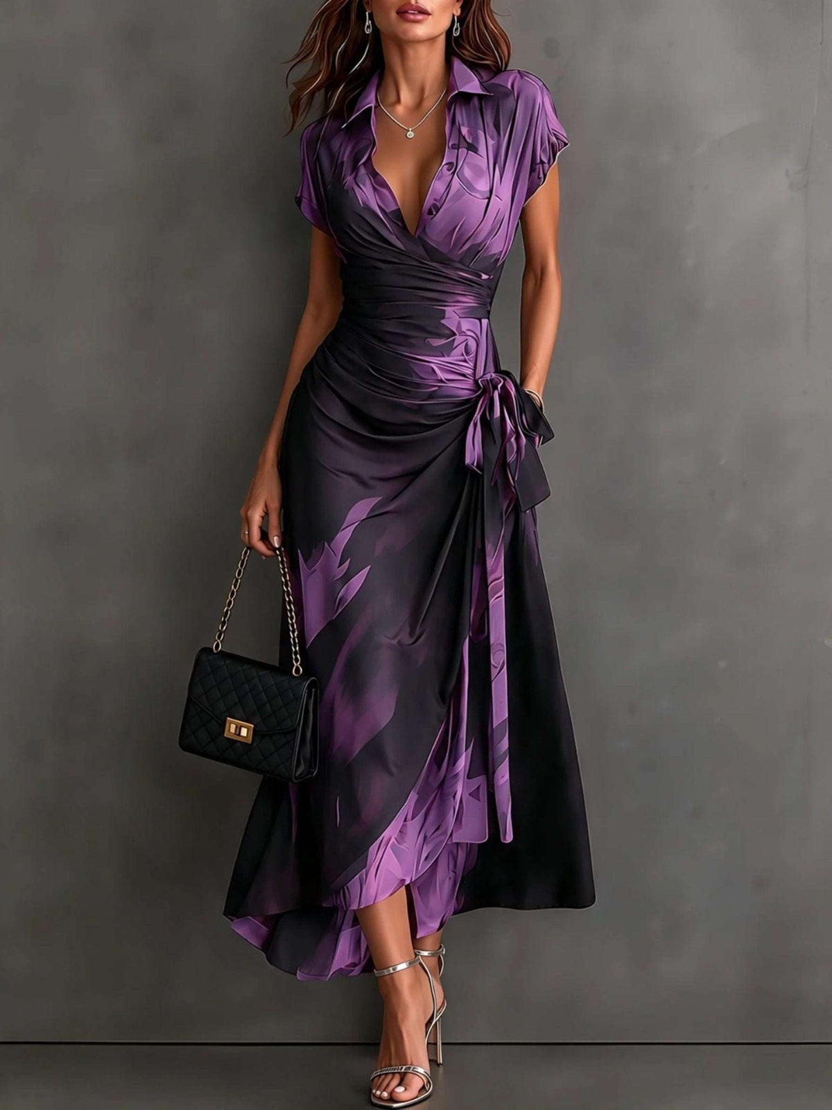 Selene | Vestido Cruzado con Lazo y Estampado Abstracto