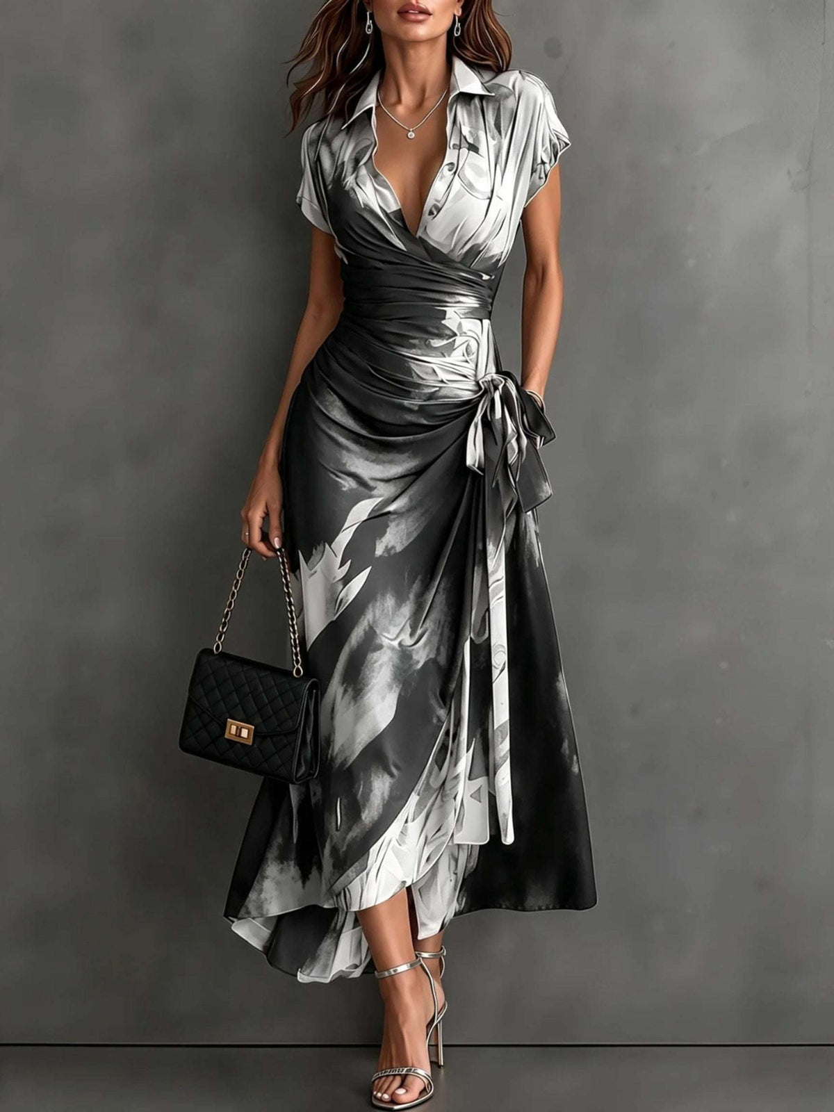 Selene | Vestido Cruzado con Lazo y Estampado Abstracto