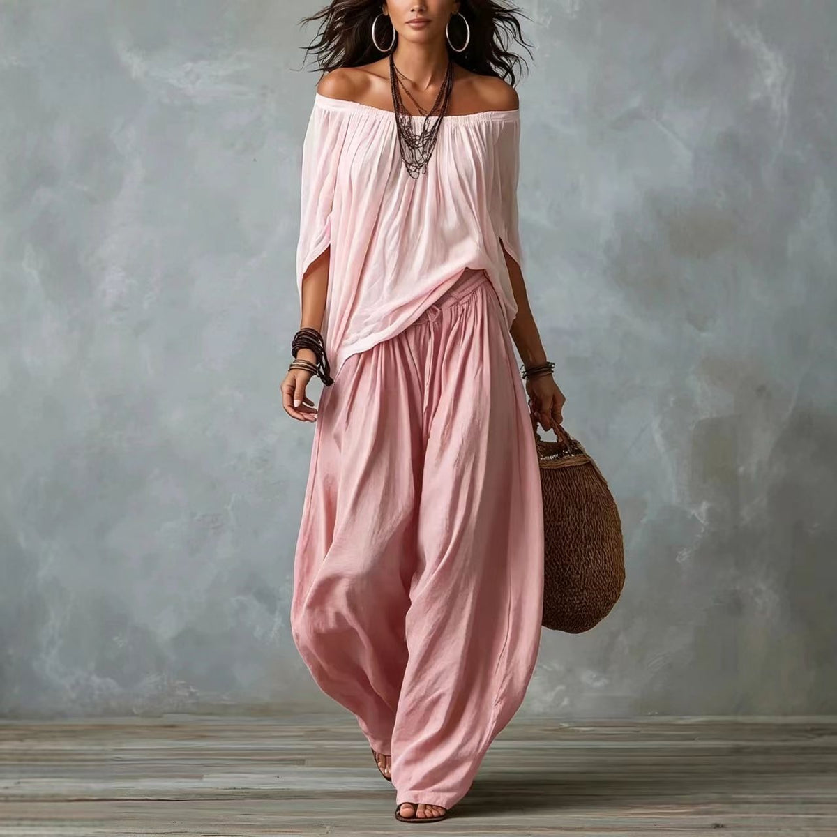 Pivoine | Ensemble blouse épaules dénudées et pantalon palazzo