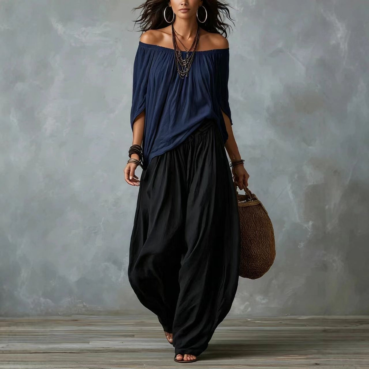 Pivoine | Ensemble blouse épaules dénudées et pantalon palazzo
