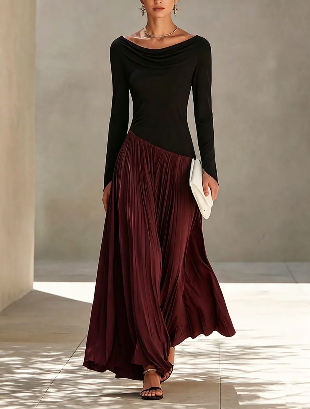 Nora | Vestido Largo Drapeado con Falda Plisada