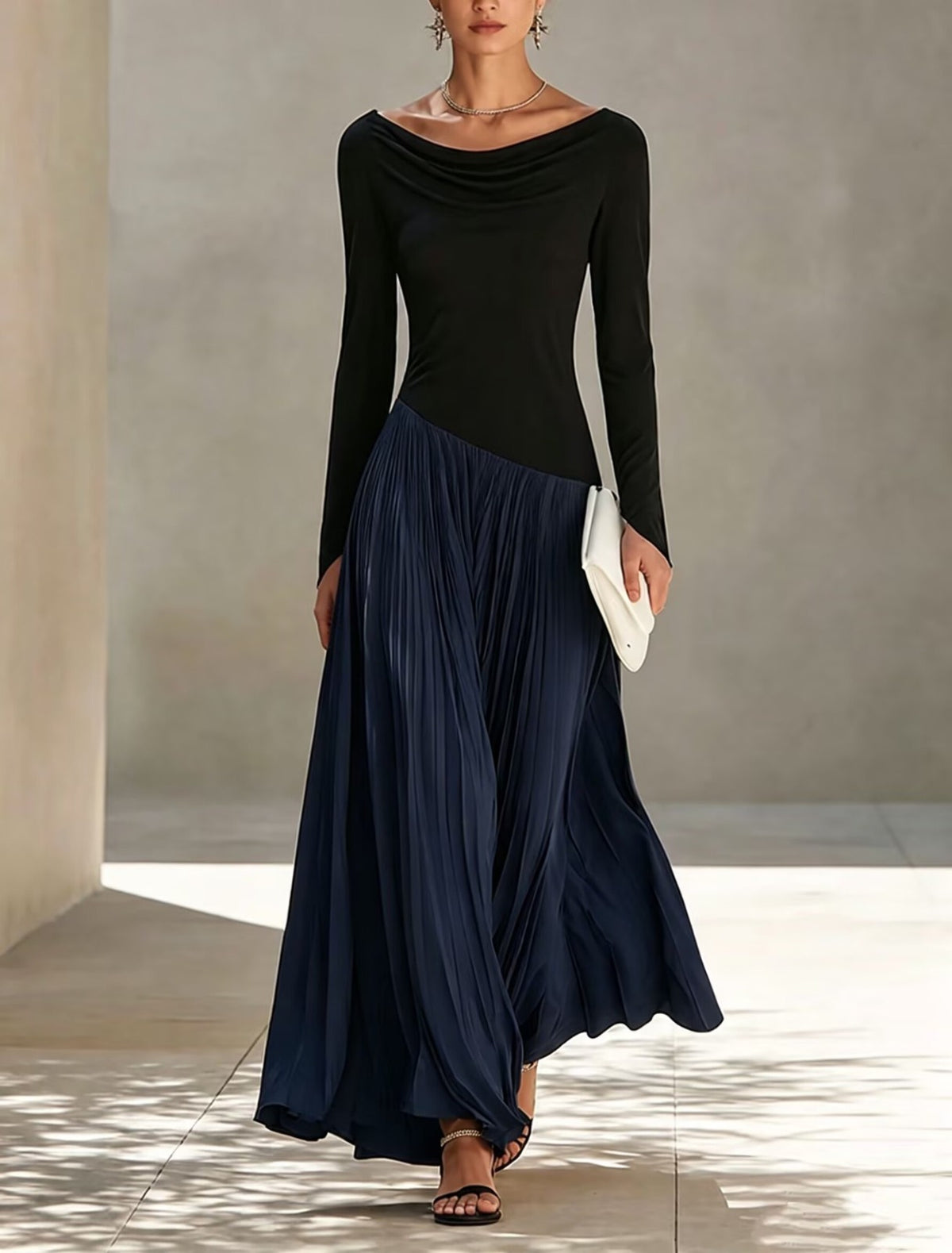 Nora | Vestido Largo Drapeado con Falda Plisada