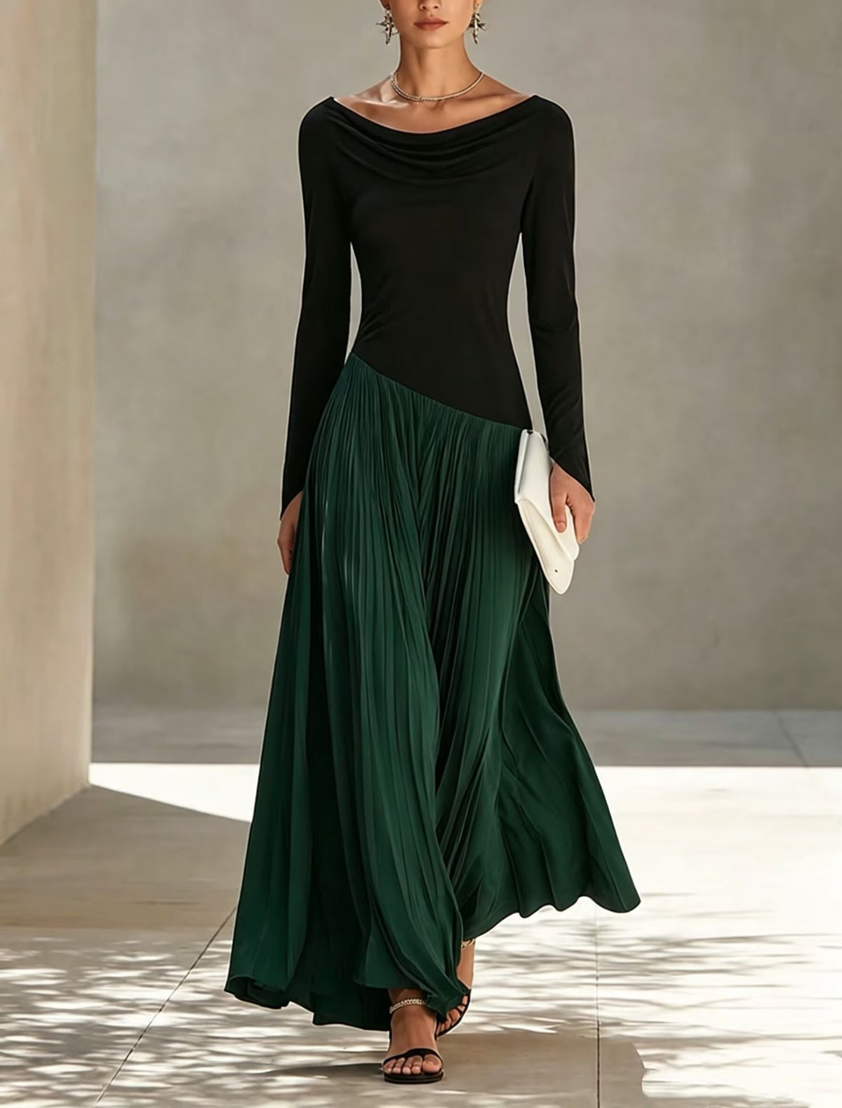 Nora | Vestido Largo Drapeado con Falda Plisada