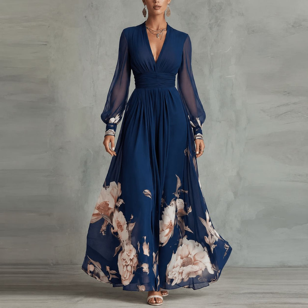 Claudine | Robe longue florale décolleté en V et manches longues